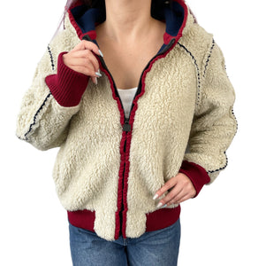 CHANEL Sport Vintage 08C CC Logo Boa Jacket Hoodie #36 Ivory Red Acrylic RankAB