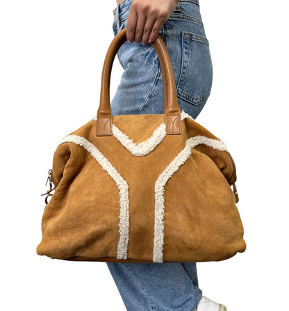 Yves Saint Laurent Vintage YSL Logo Boa Boston Bag Brown Cream Suede 902808
