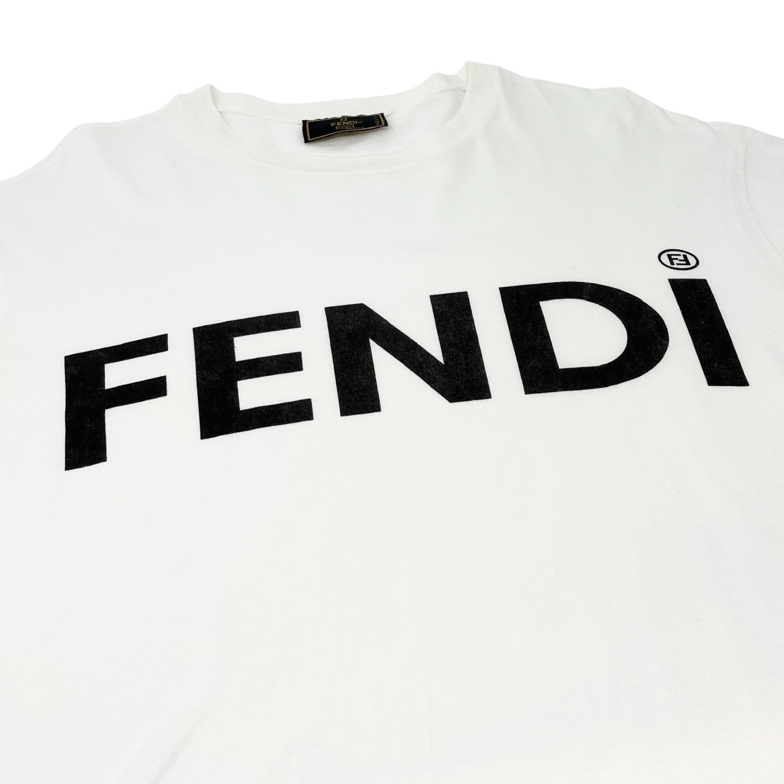 FENDI Vintage Big Logo T-shirt Top Crew Neck Short Sleeve White Black Cotton