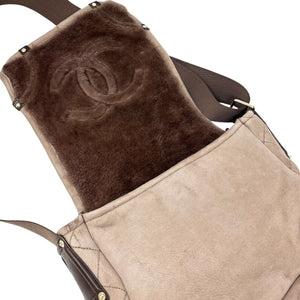 CHANEL Vintage 2006 CC Logo Mouton Crossbody Bag Shoulder Bag Greige Leather