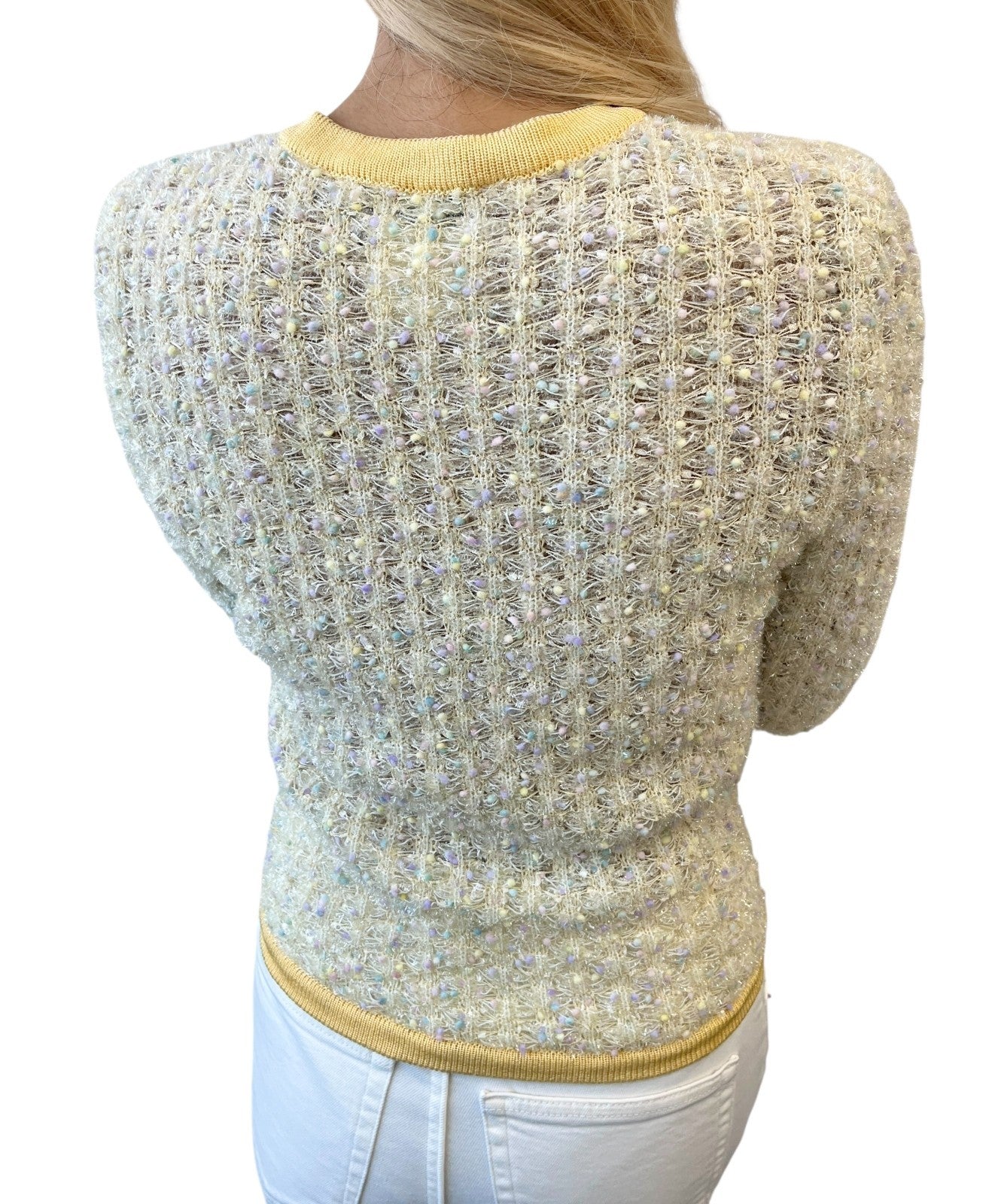 CHANEL Vintage 97P CC Mark Logo Tweed Cardigan #38 Sweater Yellow Nylon