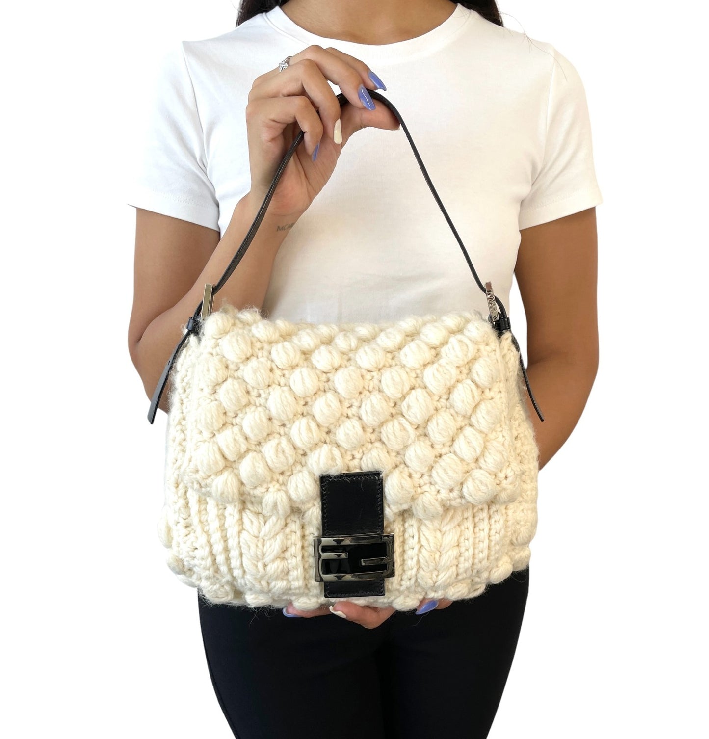 FENDI Vintage FF Logo Knit Mamma Baguette Shoulder Bag Wool Cream 902239