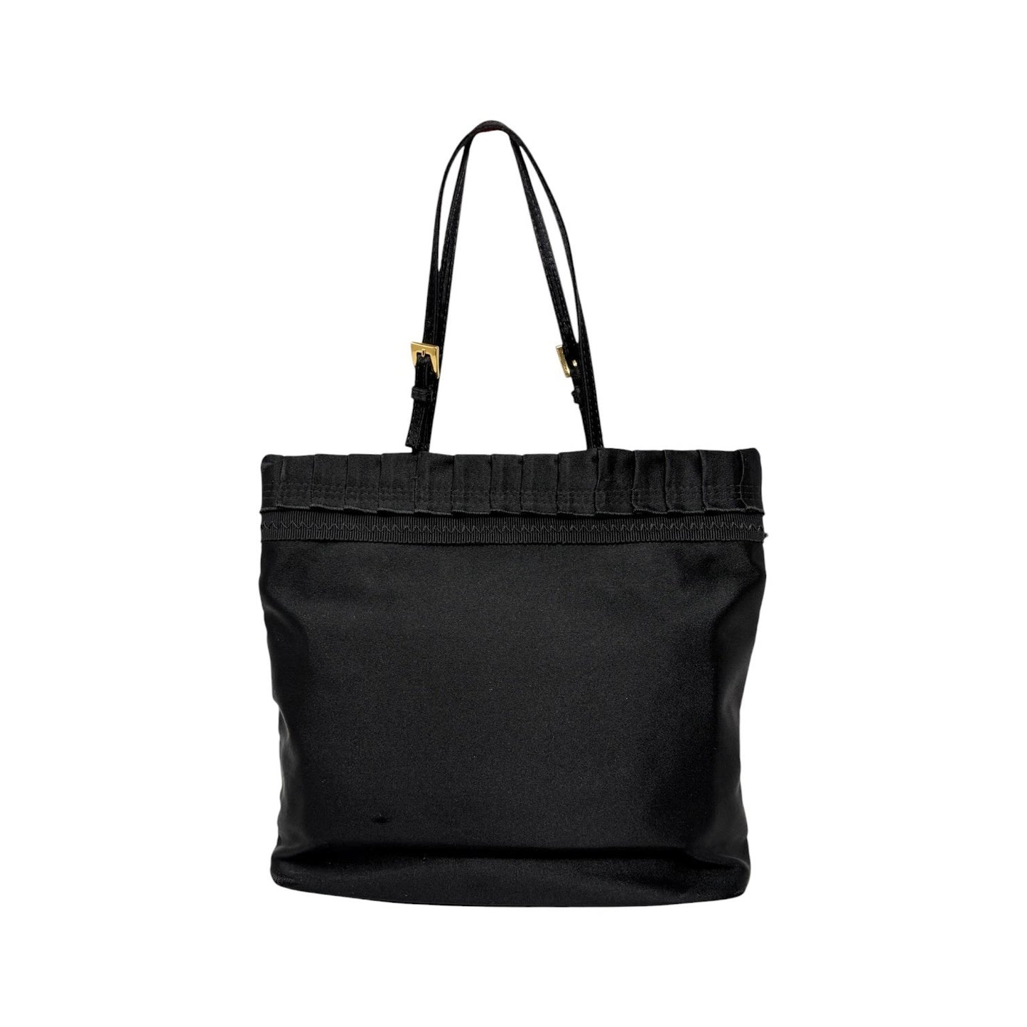 PRADA Vintage Logo Frill Mini Tote Bag Black Gold Satin Button 901834
