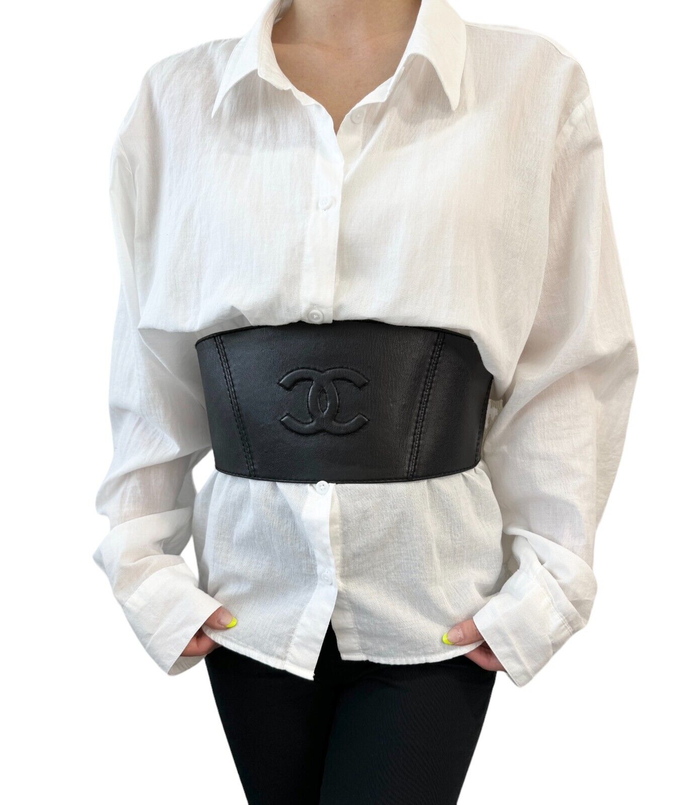 CHANEL Vintage 94A Runway CC High Waist Heavy Weight Belt #75/30 Black Rank AB