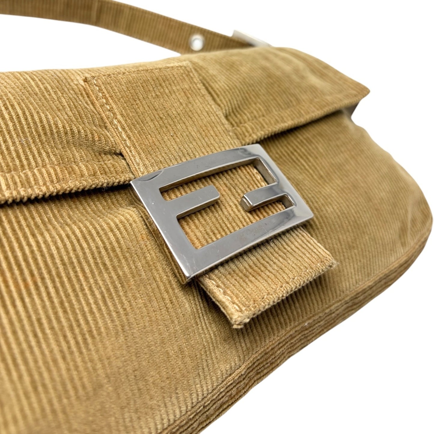 FENDI Vintage FF Logo Mamma Baguette Corduroy Shoulder Bag Beige Silver