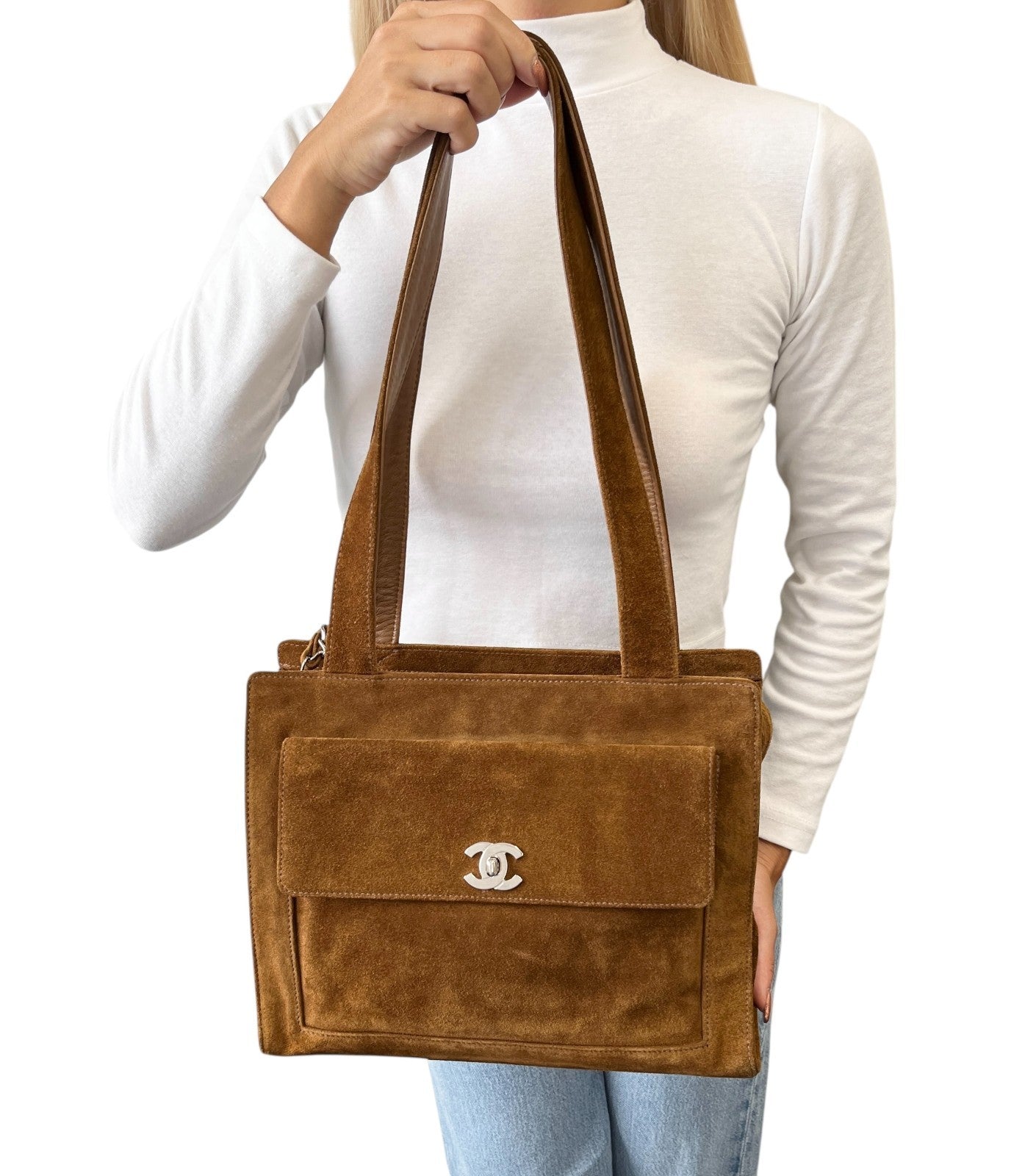 CHANEL Vintage CC Mark Logo Turnlock Tote Shoulder Bag Brown Silver Suede