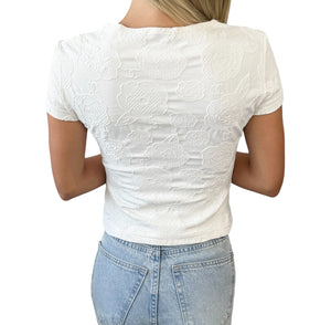 CHANEL Vintage CC Mark Logo Camellia Print T-shirt Short Sleeve Top White Nylon