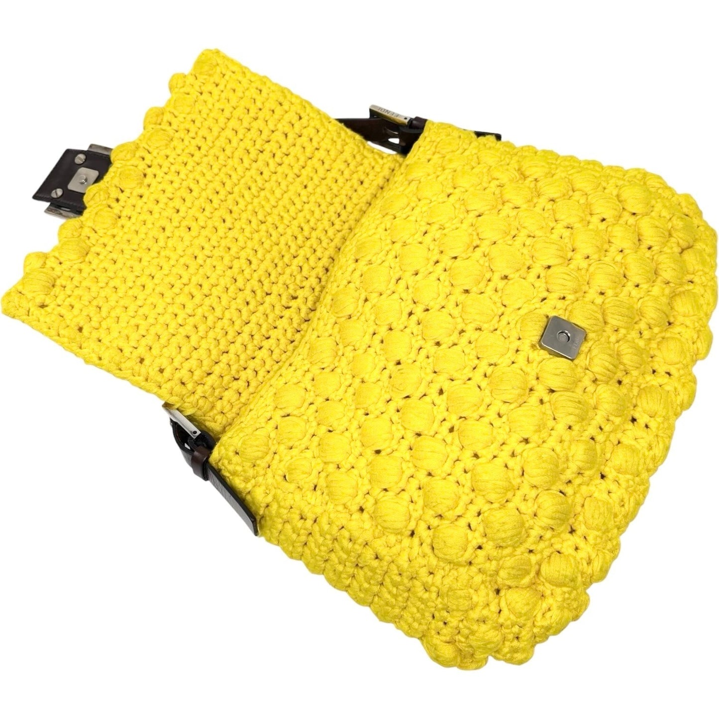 FENDI Vintage Logo Mamma Baguette Knit Shoulder Bag Yellow Brown 901876