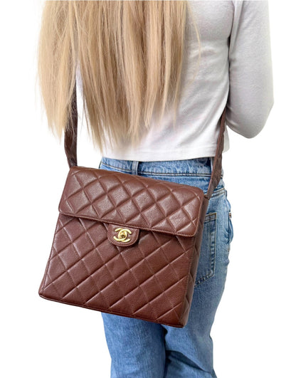 CHANEL Vintage CC Turnlock Quilted Flap Crossbody Bag Brown Gold Leather 902843