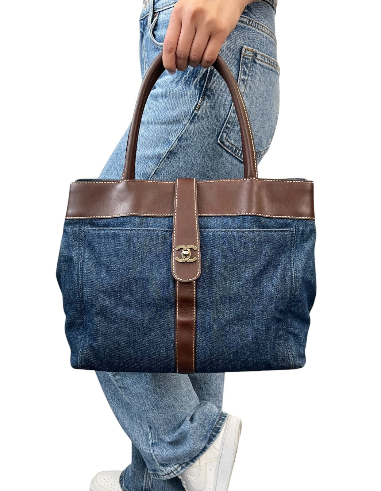 CHANEL Vintage CC Logo Denim Turnlock Tote Shoulder Bag Blue Brown Leather