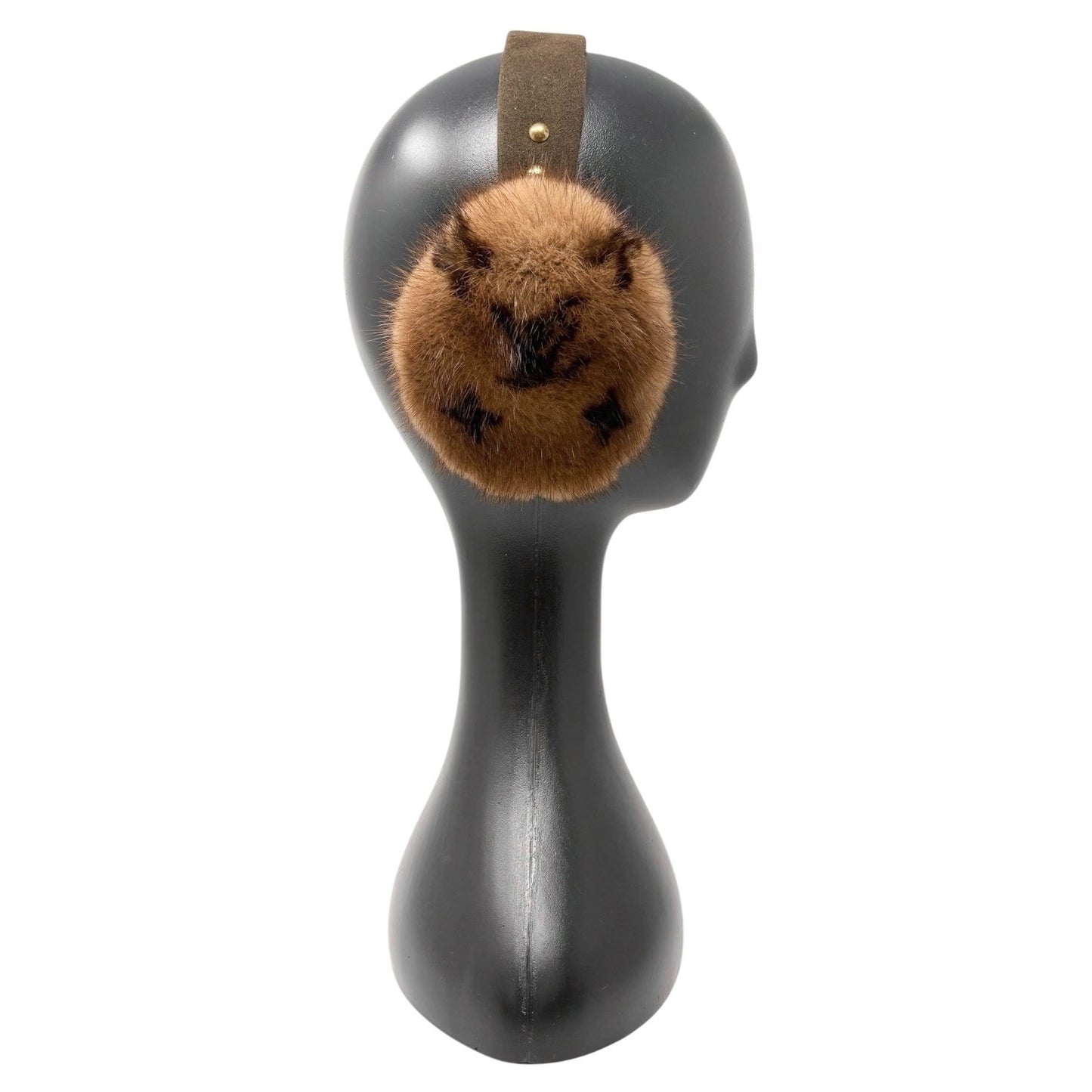 LOUIS VUITTON Vintage LV Monogram Mink Earmuffs Brown Gold Suede Accessory