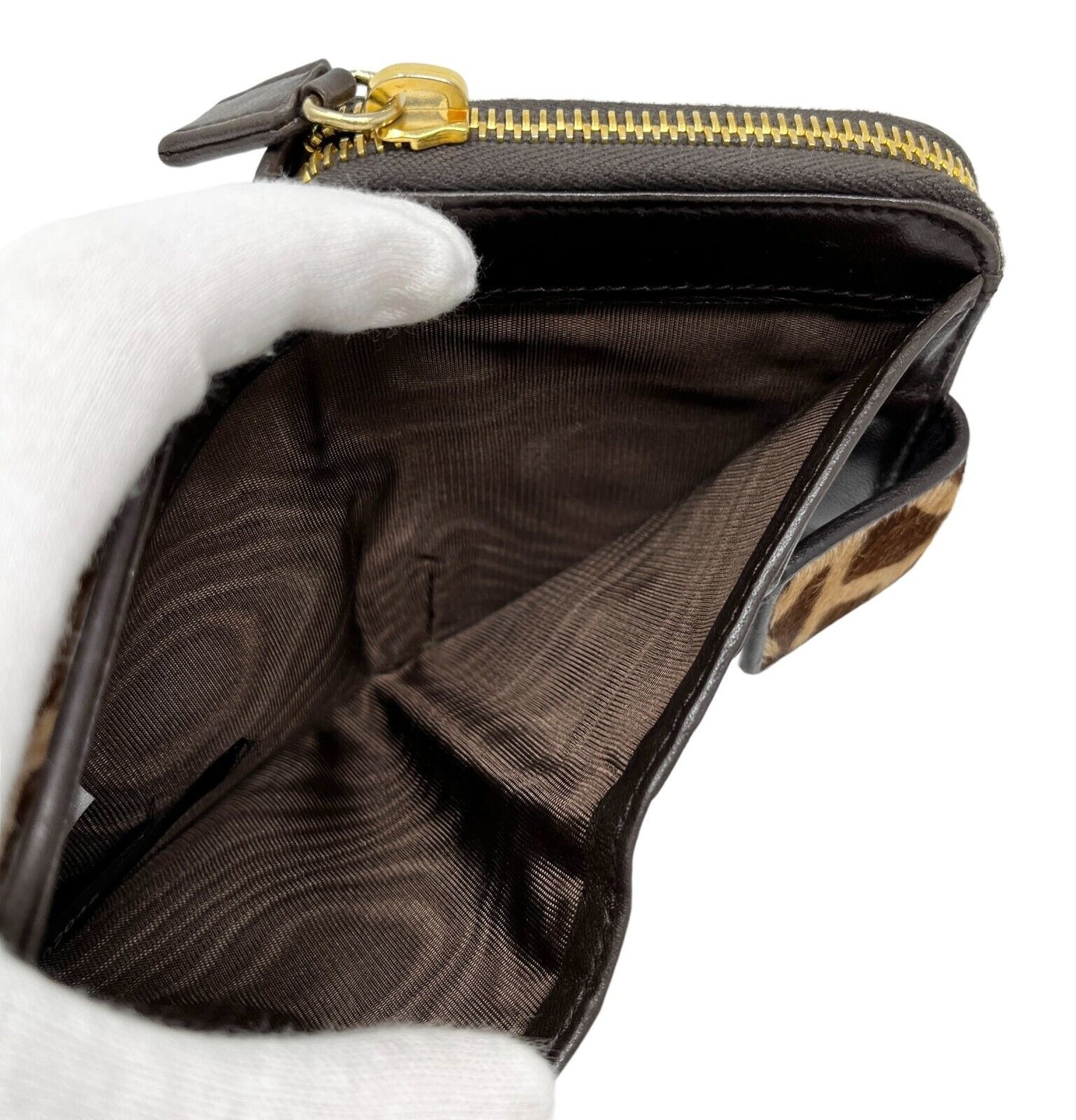 PRADA Vintage Logo Animal Print Wallet Calf Hair Zip Snap Brown Gold RankAB