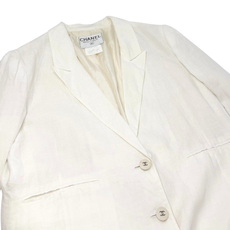 CHANEL Vintage 96P CC Mark Logo Jacket Silver Button #38 White Linen Silk