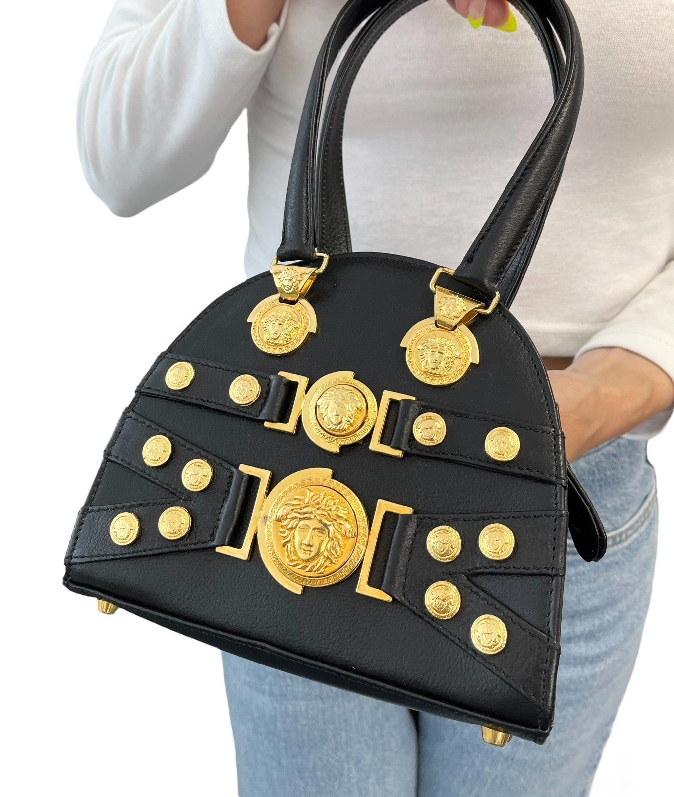 GIANNI VERSACE Vintage Medusa 2way Crossbody Mini Bag Black Gold Leather 902454