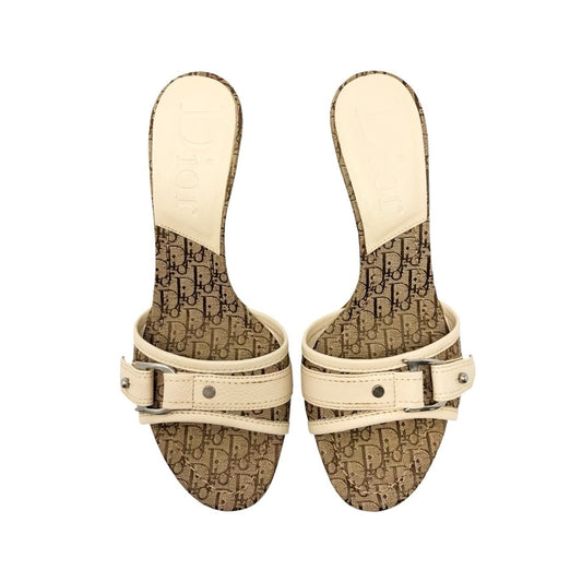 Christian Dior Vintage Trotter Monogram Sandals Heels #36.5 Beige Cream 902256