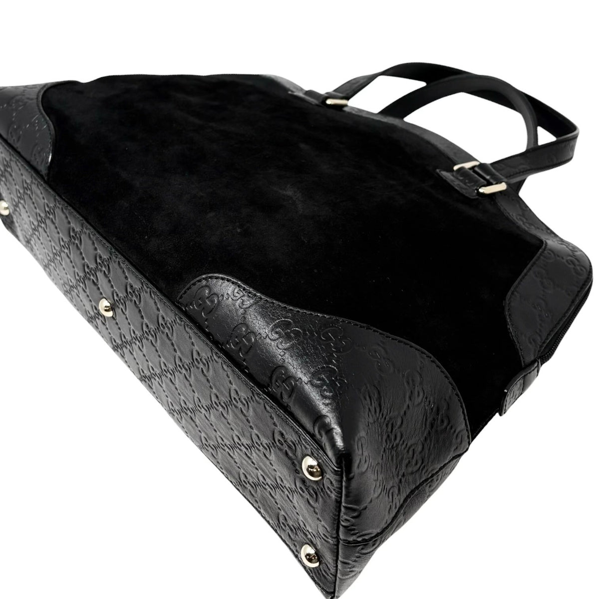 GUCCI Vintage GG Monogram Shoulder Top Handle Bag Black Gold Suede 902331