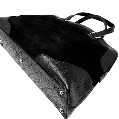 GUCCI Vintage GG Monogram Shoulder Top Handle Bag Black Gold Suede 902331