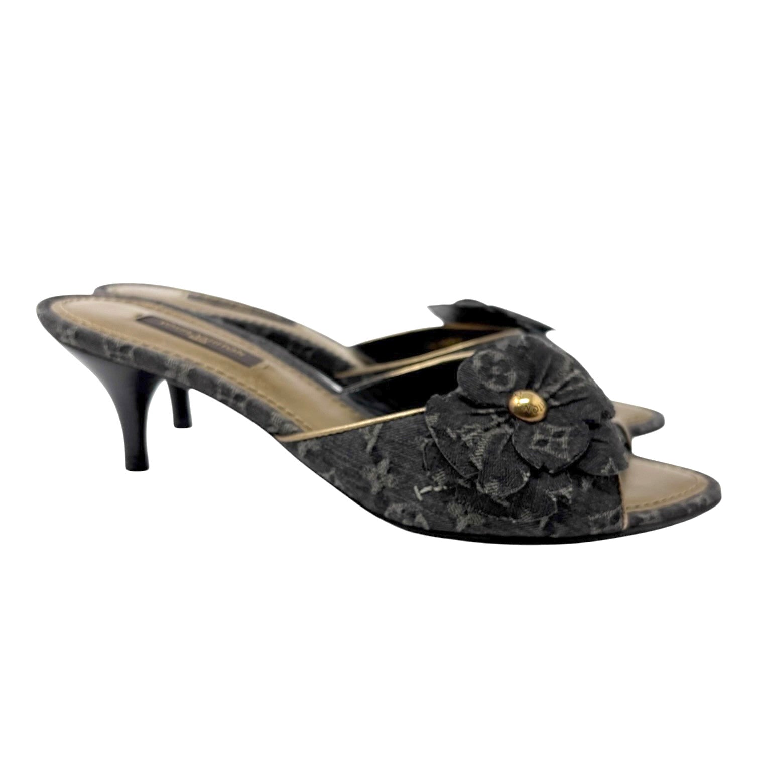 LOUIS VUITTON Vintage Monogram Denim Heels Sandals #36.5 Black Gold Corsage