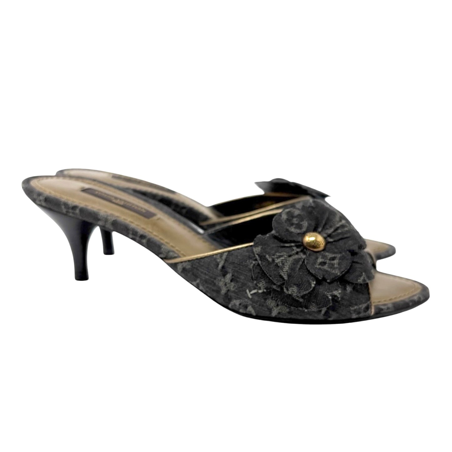 LOUIS VUITTON Vintage Monogram Denim Heels Sandals #36.5 Black Gold Corsage