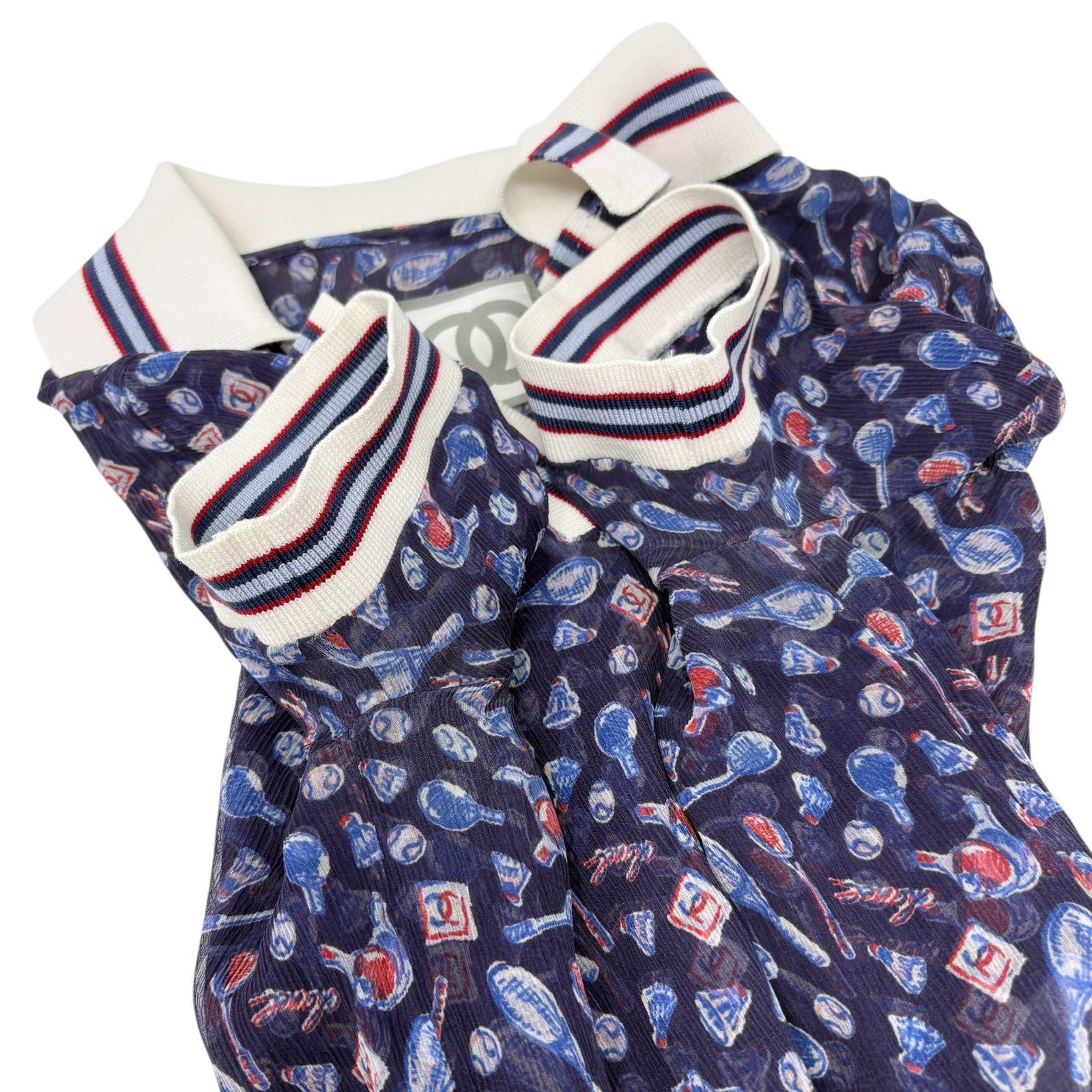 CHANEL Sport Vintage 06P Polo Shirt Top #34 Blue White Silk V-Neck Tennis