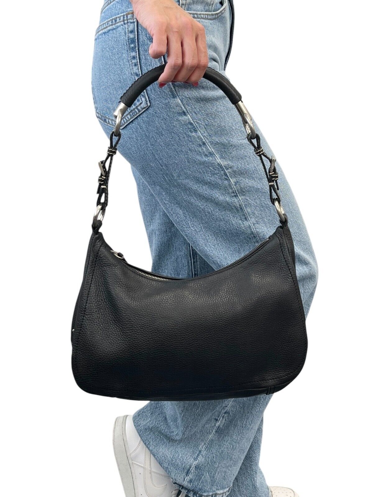 PRADA Vintage Logo Shoulder Bag Handbag Zip Stitch Black Silver Leather
