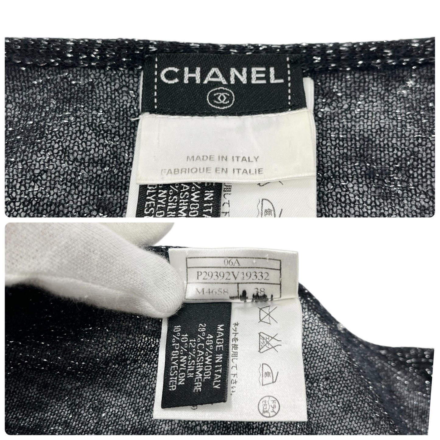 CHANEL Vintage 06A CC Logo Glitter Knit Top Black Wool Cashmere Long Sleeve