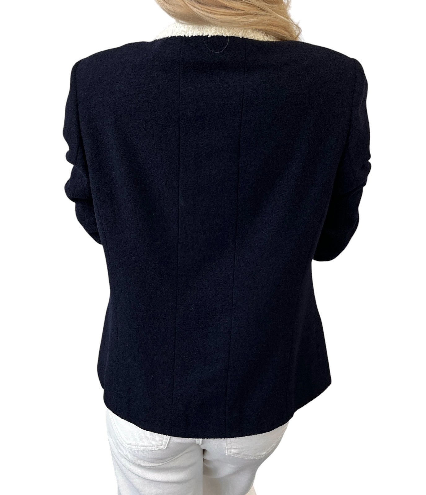 CHANEL Vintage CC Logo Button Tweed Jacket Blue White Wool Silk 106914