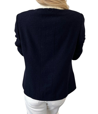 CHANEL Vintage CC Logo Button Tweed Jacket Blue White Wool Silk 106914