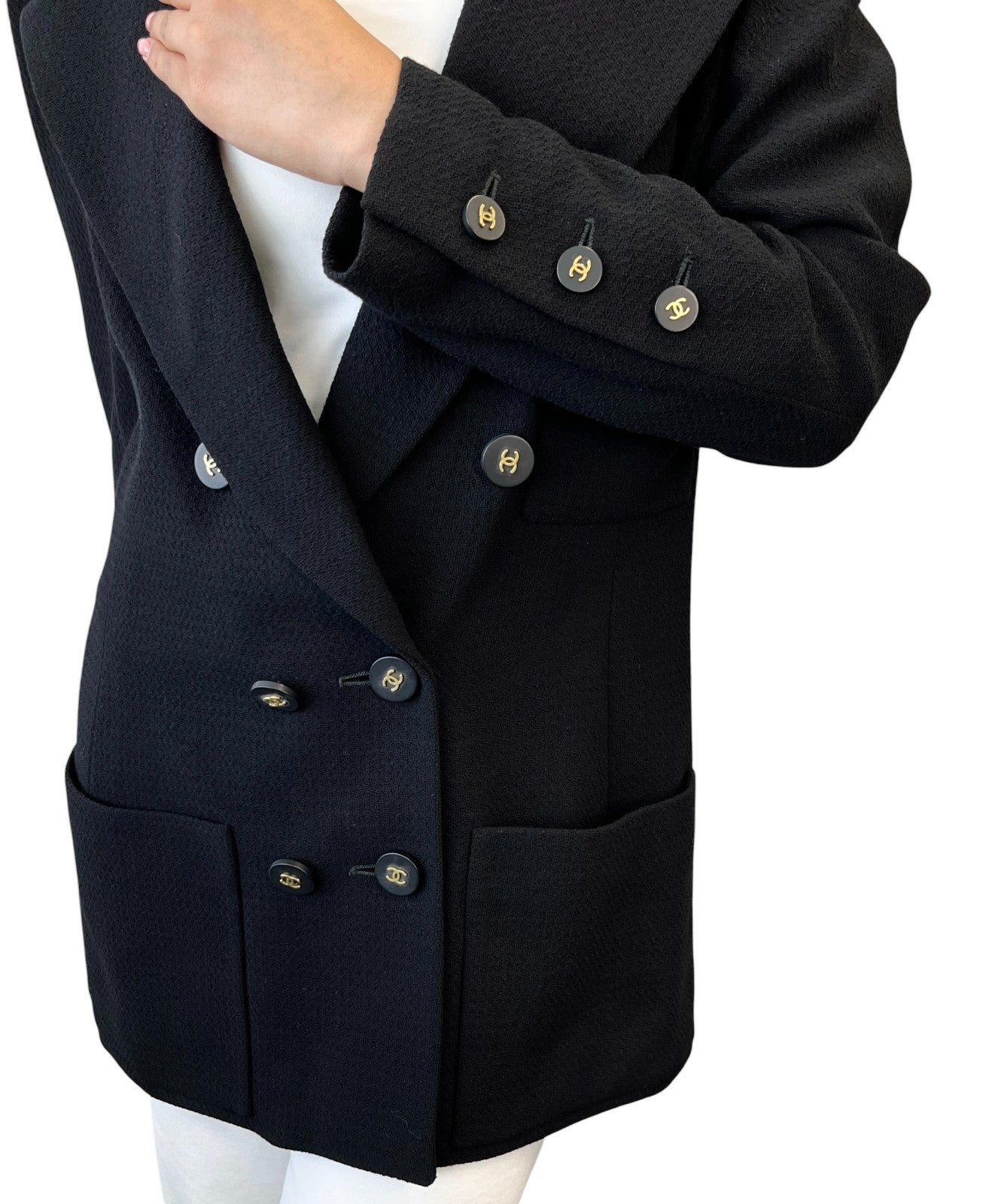 CHANEL Vintage 94A CC Logo Button Blazer Jacket #38 Black Gold Wool 902231