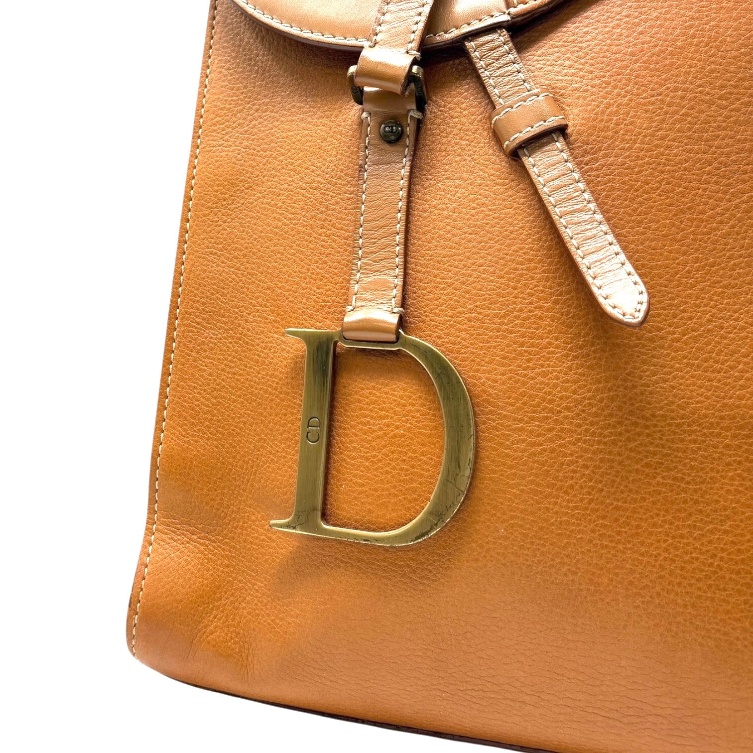 Christian Dior Vintage 2002 Logo Saddle Shoulder Tote Bag Camel Gold Leather