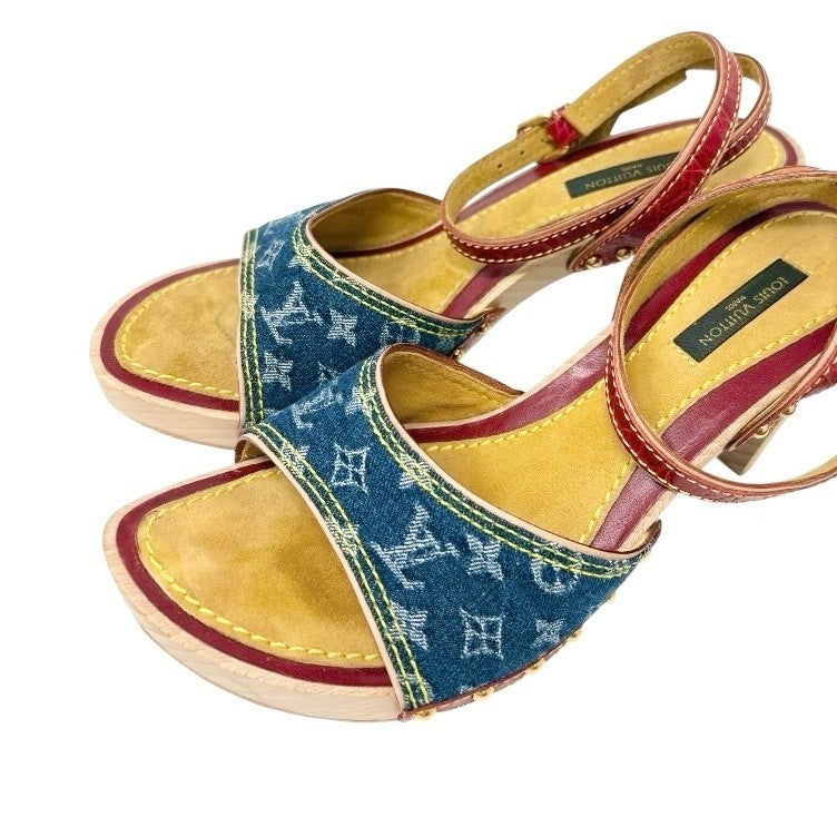 LOUIS VUITTON Vintage Logo Monogram Sandals Heels #36.5 Blue Red Leather