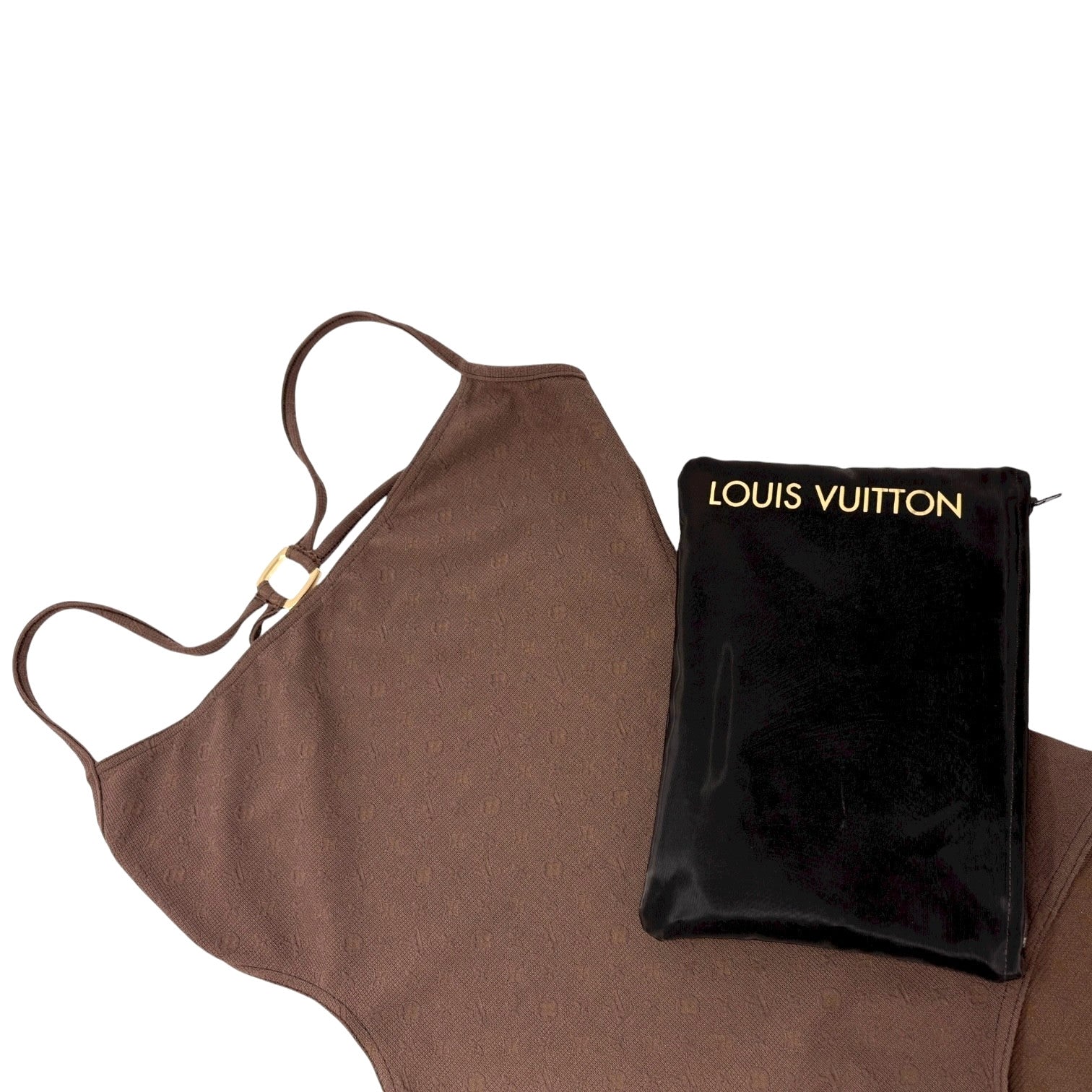 LOUIS VUITTON Vintage LV Logo Monogram Swimsuit Swimwear #36 Brown Gold Nylon