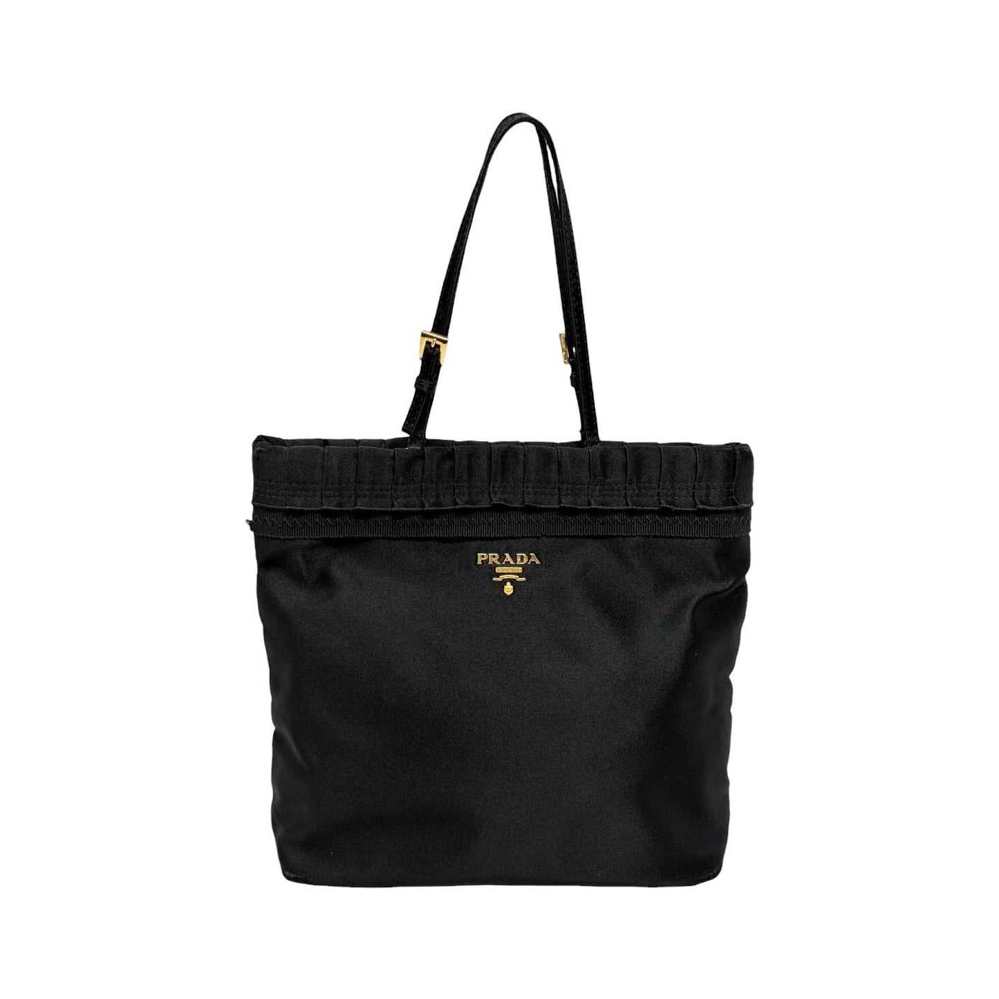 PRADA Vintage Logo Frill Mini Tote Bag Black Gold Satin Button 901834