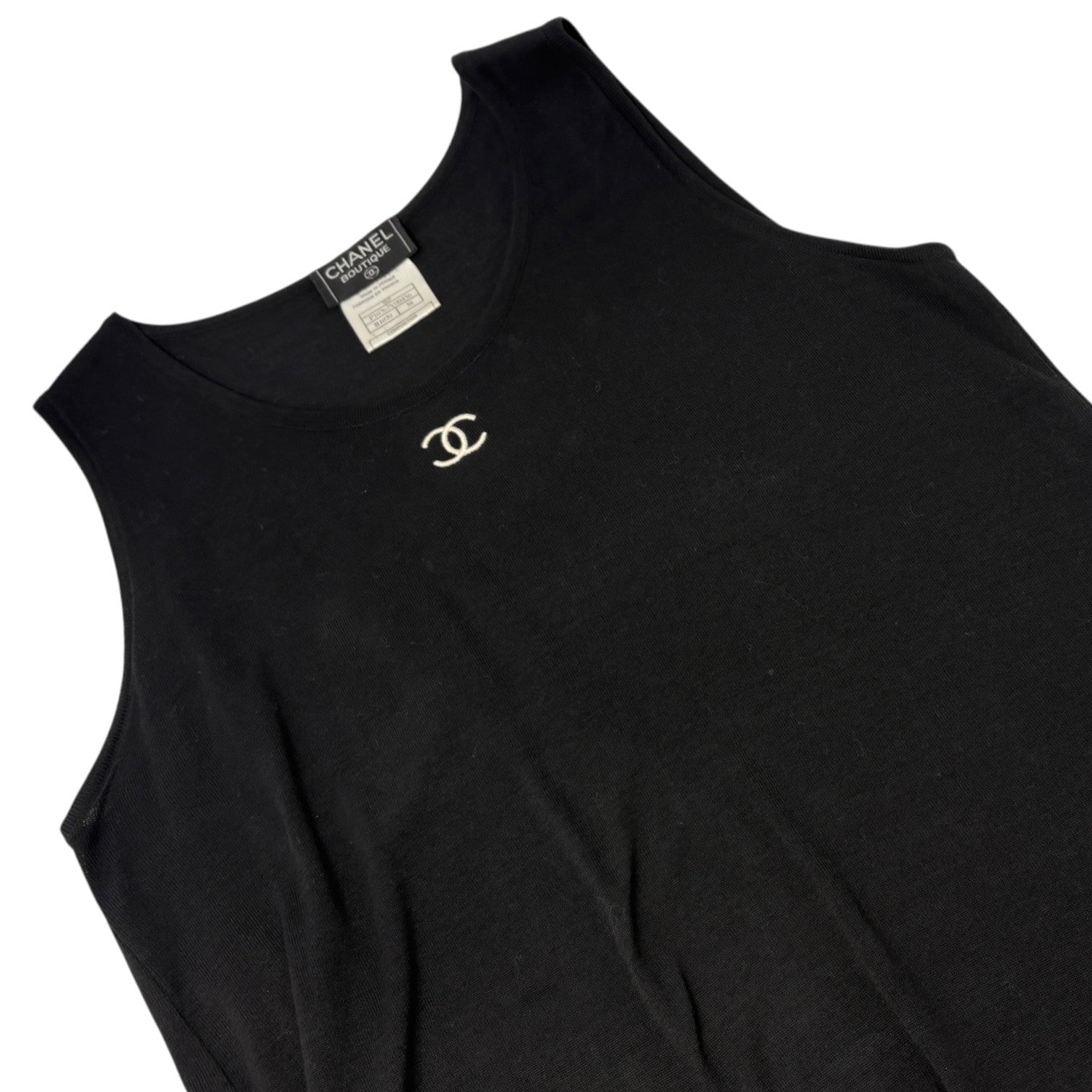 CHANEL Vintage 98P CC Mark Logo Summer Knit Tank Top #38 Black White Cotton