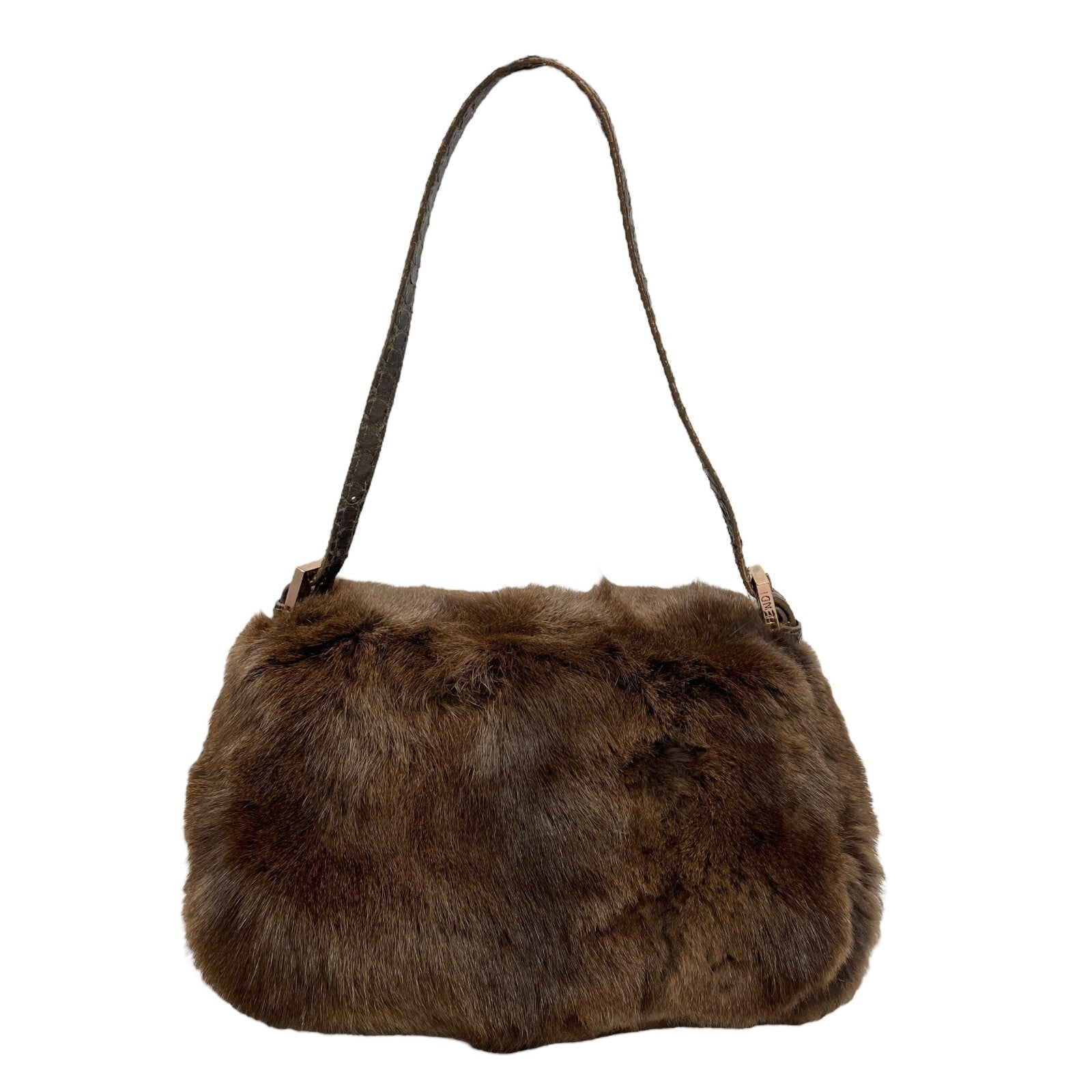 FENDI Vintage FF Logo Fur Mini Mamma Baguette Shoulder Bag Brown Gold Leather