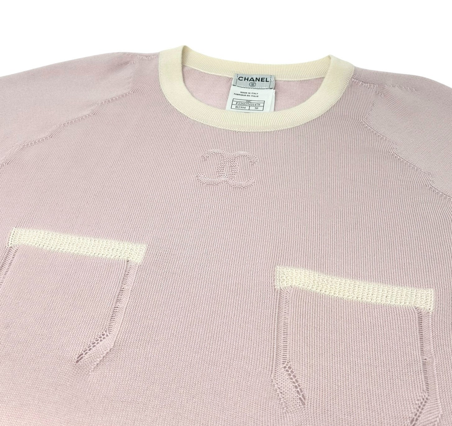 CHANEL Vintage 04C CC Logo Knit T-shirt #38 Short Sleeve Top Pink Cashmere