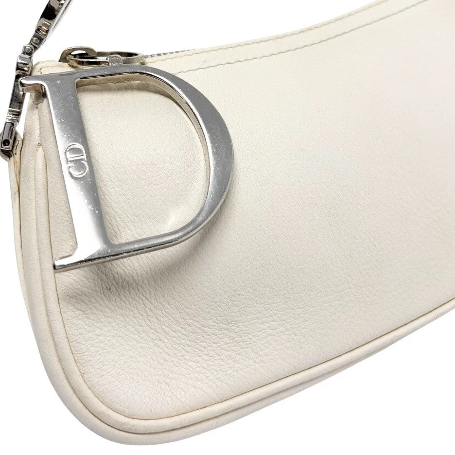Christian Dior Vintage Logo D Charm Shoulder Bag White Silver Leather 902377