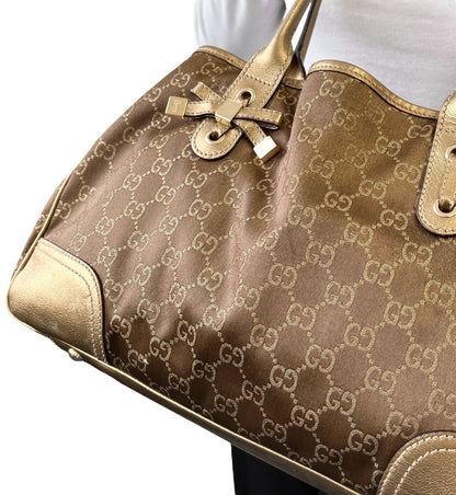 GUCCI Vintage GG Monogram Logo Princy Shoulder Bag Brown Gold Satin Leather