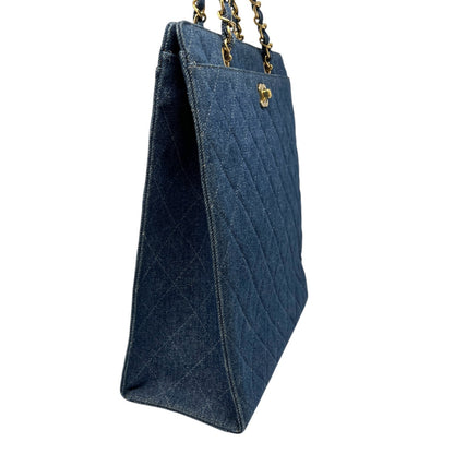 CHANEL Vintage CC Mark Logo Matelasse Denim Shoulder Bag Chain Blue Gold Cotton
