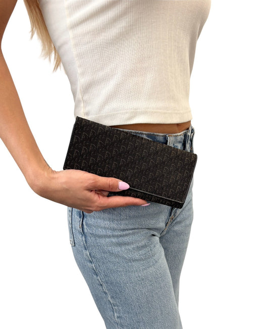 Christian Dior Vintage Trotter Monogram Canvas Long Wallet Black Silver Leather