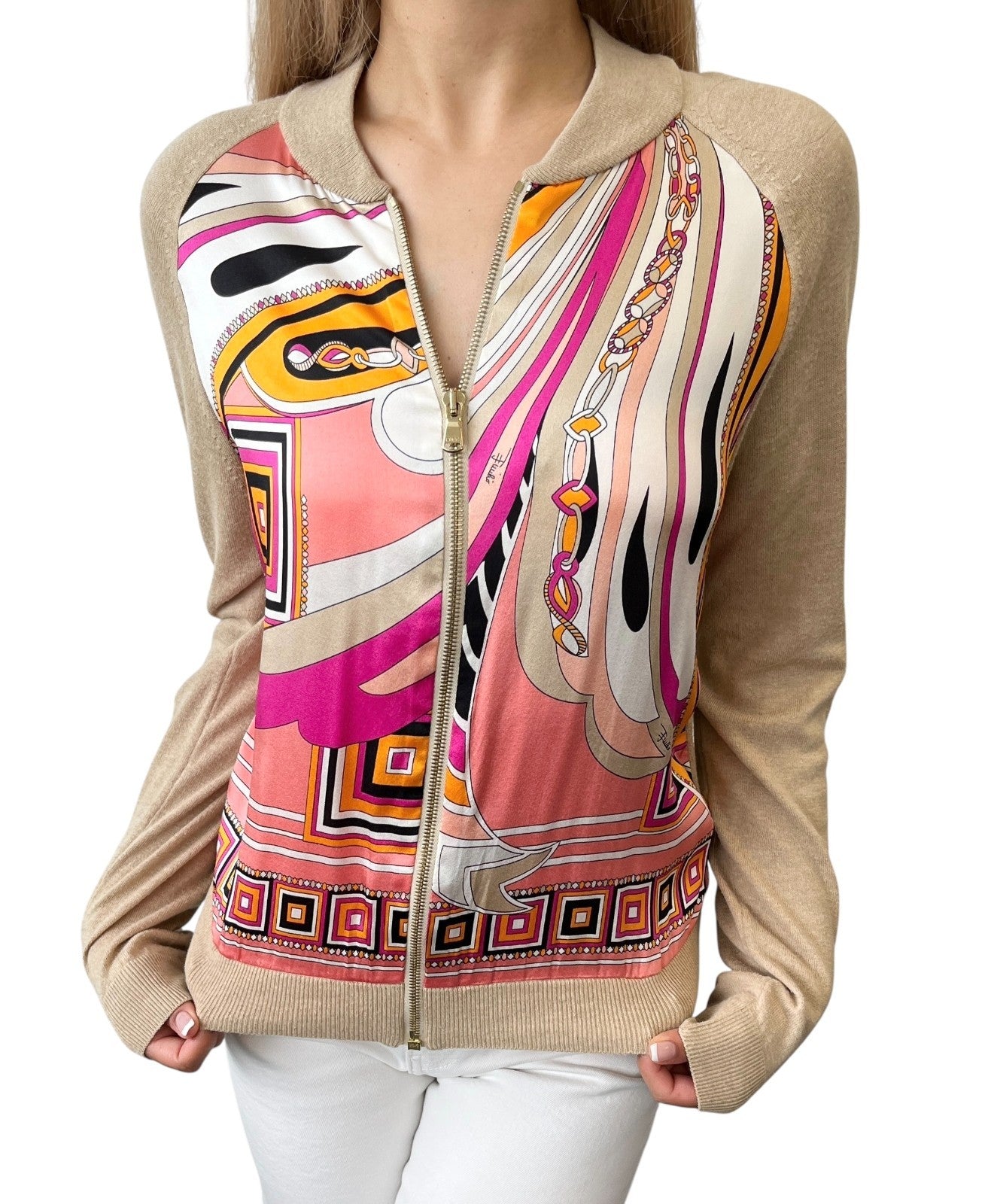 EMILIO PUCCI Vintage Logo Zipped Jacket #XS Beige Pink Light Brown Silk Wool