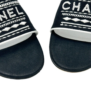 CHANEL Vintage Jacquard Logo Sandals #36 US6 Black Linen Embroidery Rank AB