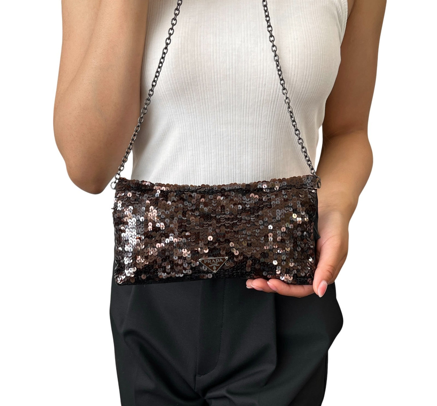 PRADA Vintage Triangle Logo Sequins Shoulder Bag Pochette Handbag Brown 902281