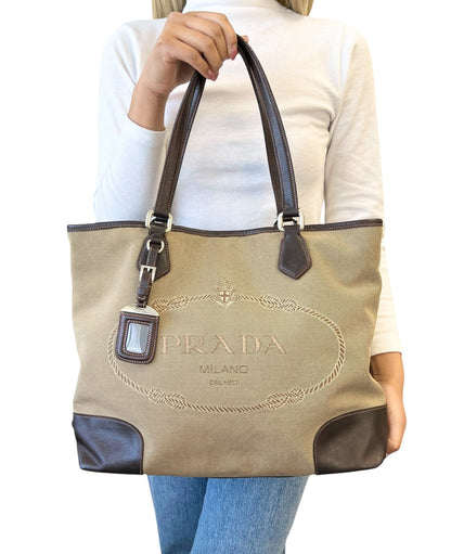 PRADA Vintage Jacquard Logo Tote Bag Brown Silver Canvas Leather 902047
