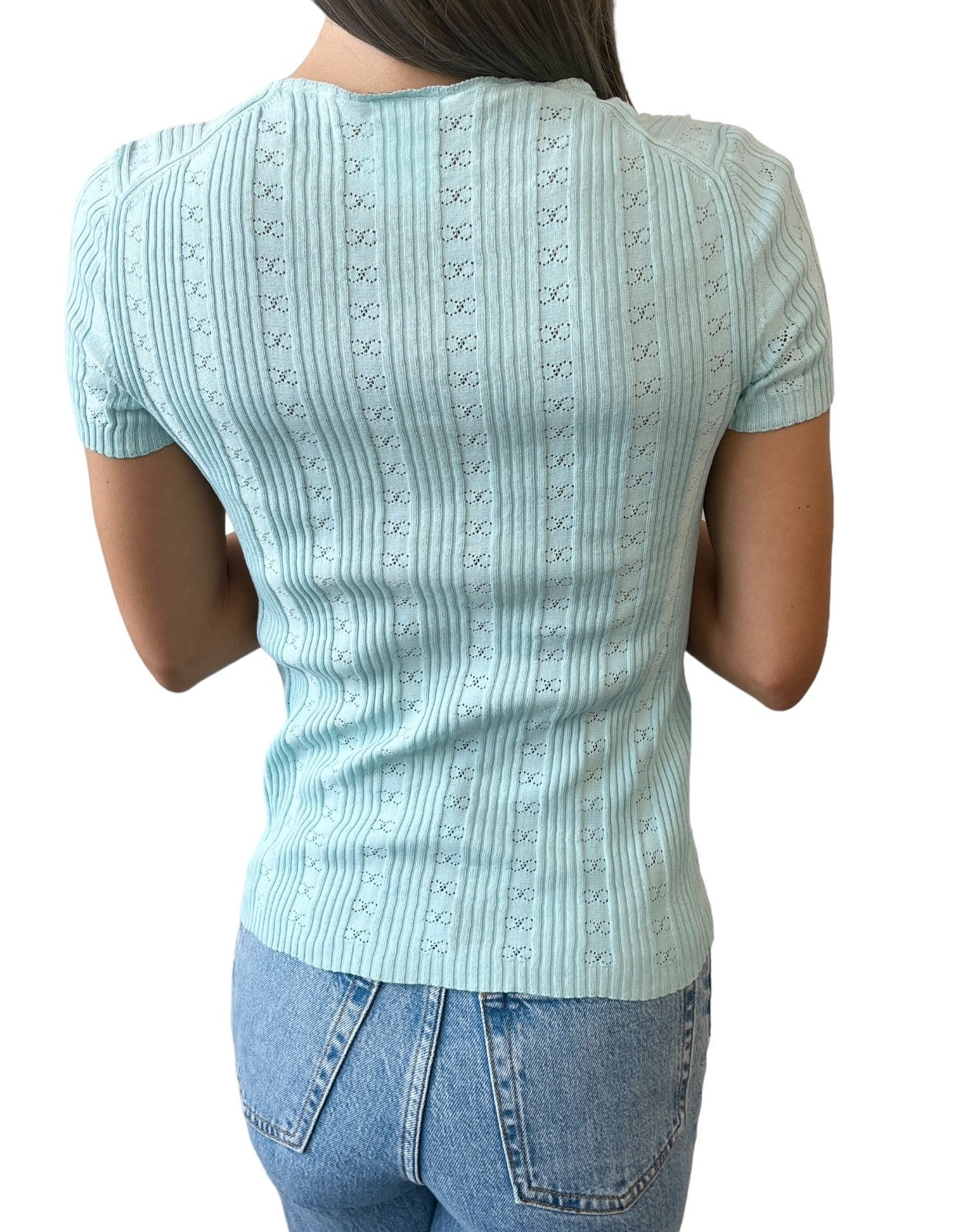 CHANEL Vintage CC Logo Rib Knit T-shirt Top Light Blue Cotton 901807