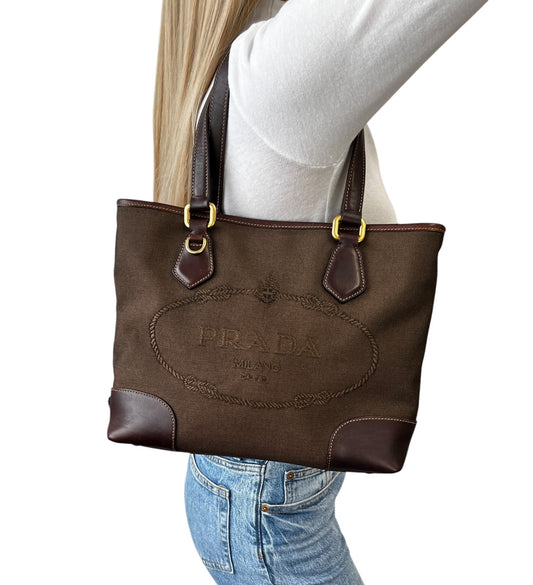 PRADA Vintage Triangle Logo Milano Jacquard Canvas Shoulder Tote Bag Brown Gold