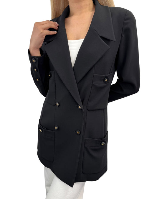 CHANEL Vintage 97C CC Logo Button Blazer Jacket #36 Black Gold Wool