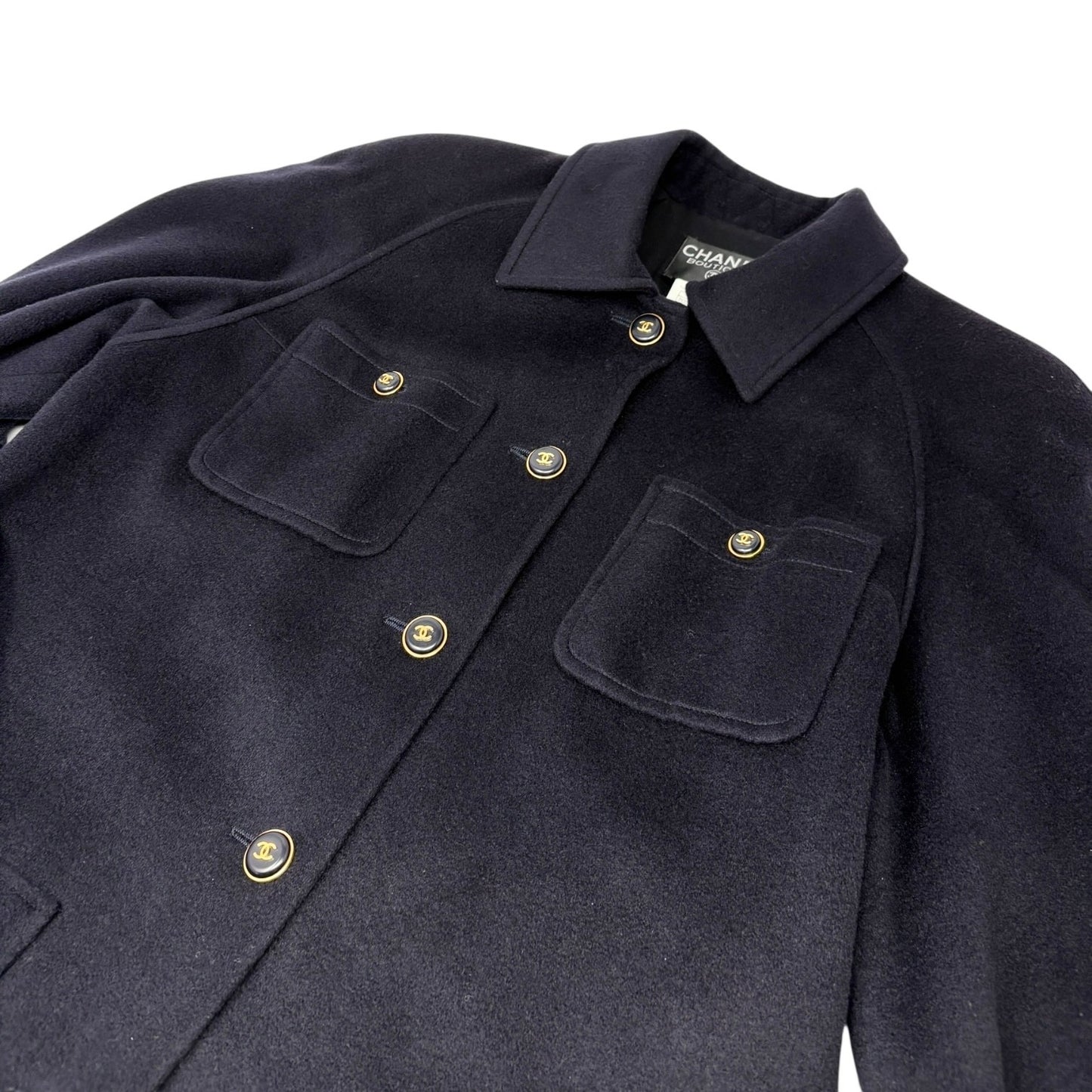 CHANEL Vinatage 95A CC Logo Button Coat Jacket #38 Cashmere Dark Blue Gold