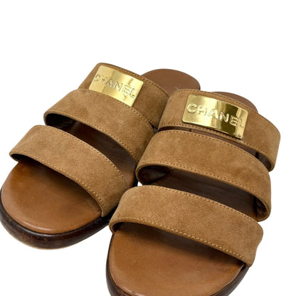 CHANEL Vintage CC Logo Flat Slide Sandals #36 Brown Gold Leather Suede 901945