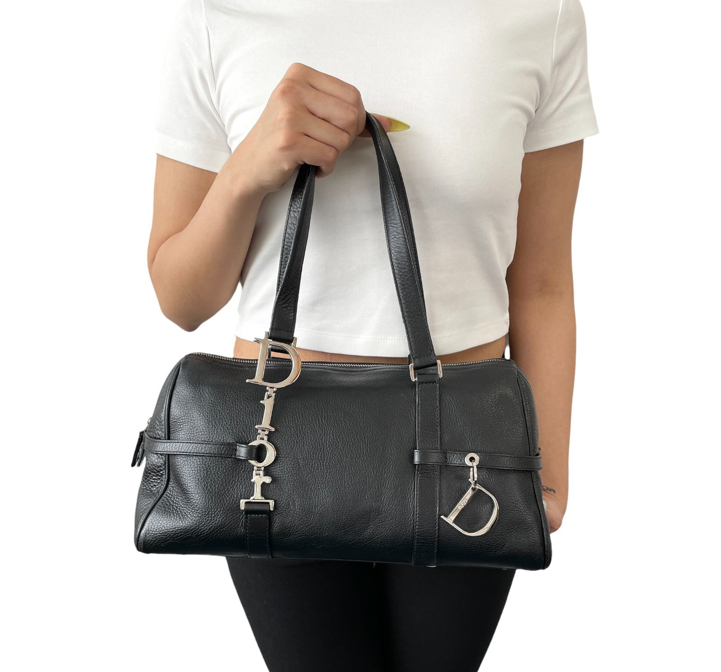 Christian Dior Vintage Logo Charm Shoulder Bag Black Silver Leather 901869